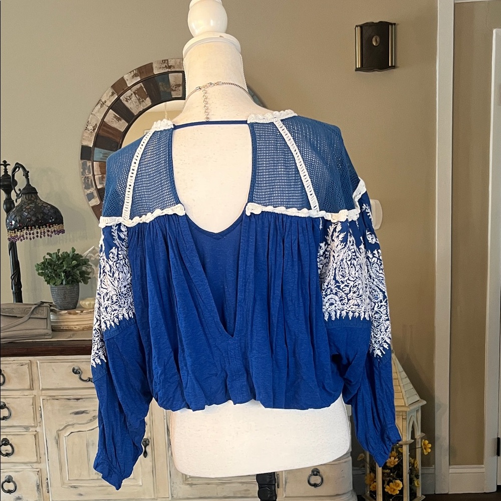 Free People Royal Blue Blouse with White Embroidery - Picture 2 of 6